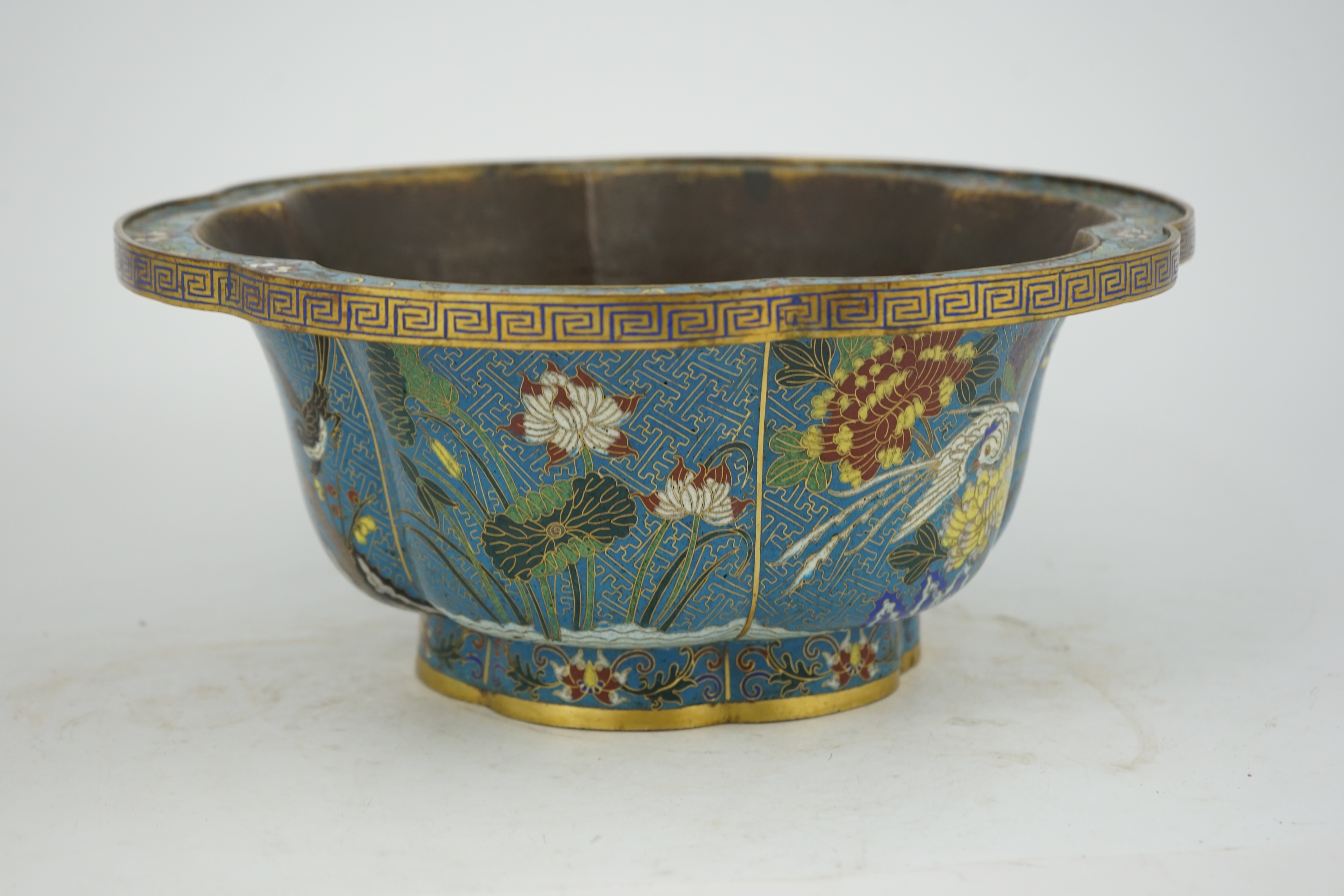 A Chinese cloisonné polychrome enamel petal lobed jardiniere, Jiaqing period